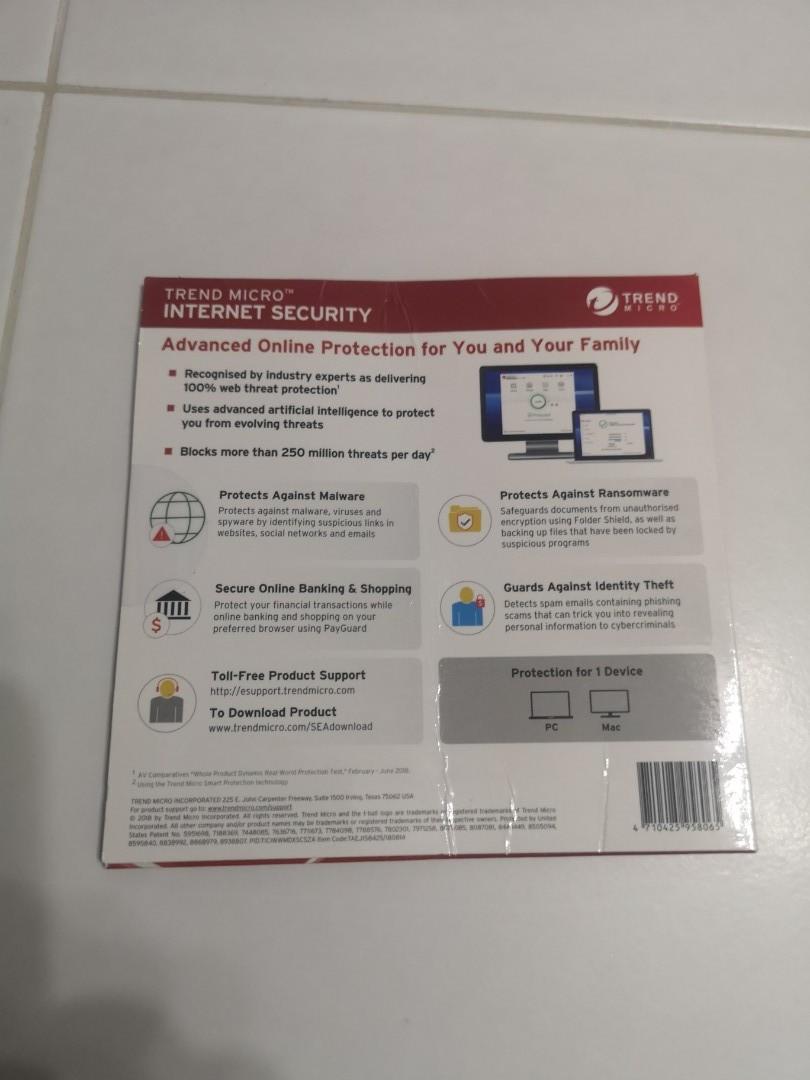 Trend Micro Internet Security (Category: Networking) located in Singapore. Submitted by pwlau123 (Listing ID 1069427407, Image 2). Description: Sealed. For 1 device 1 year subscription..