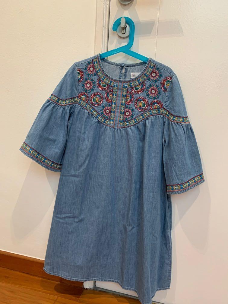 Embroidered denim dress zara cheap