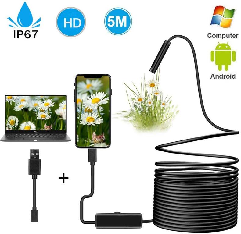 USB Endoscope,Inspection Camera Borescope 3 in 1 HD 2 MP CMOS Waterproof  Snake Camera Pipe Drain with 6 Adjustable Led Light for
