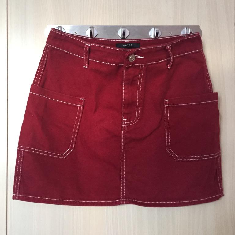 Red denim skirt forever 21 sales