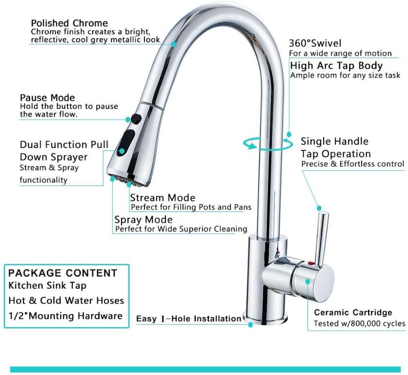 Heable Kitchen Sink Mixer Tap with Pull Down Sprayer Chrome, Single