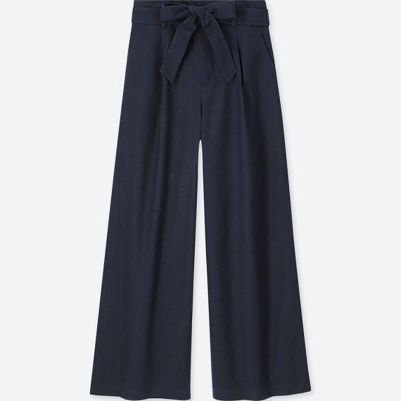 Navy Uniqlo women Belted Linen Cotton Wide Straight Pants
