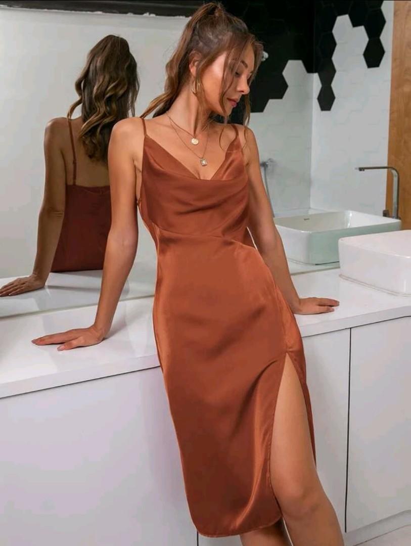 Shein Brown Satin Slit Cowl Neck Dress, Women's Fashion, Dresses u0026 Sets,  Traditional u0026 Ethnic wear on Carousell