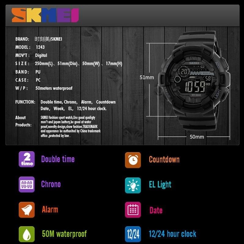 SKMEI 1243 LED Display Dual Time Zone Rugged Digital Sport Watch