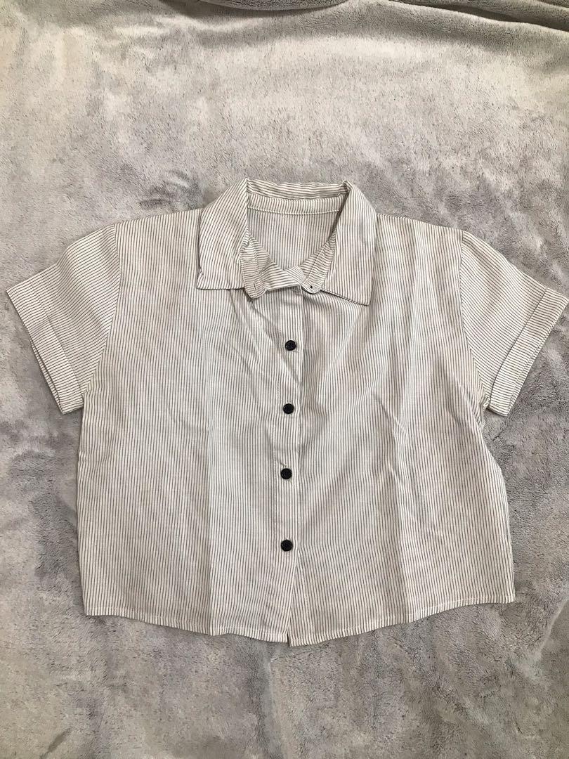 Striped Cropped Button Down (Category: Others Tops) located in Manila. Submitted by alyxk (Listing ID 1069588708, Image 1). Description: - white base color black thin stripes - linen material - best fits XS-S.