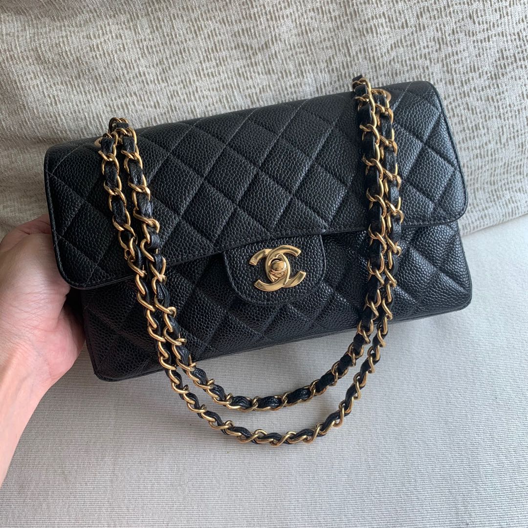 AUTHENTIC CHANEL Caviar Small 9” Classic Flap Bag 24k Gold
