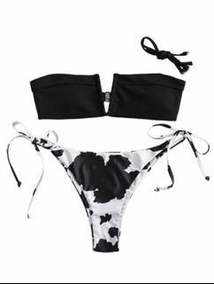 Brand New Authentic Zaful Euphoria Style Black and White Cow Print Wired Bandeau High Leg High Cut String Bikini