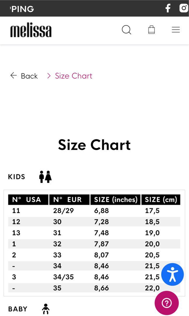 Size Guide Mini Melissa Size Baby Mini Melissa, Babies Kids
