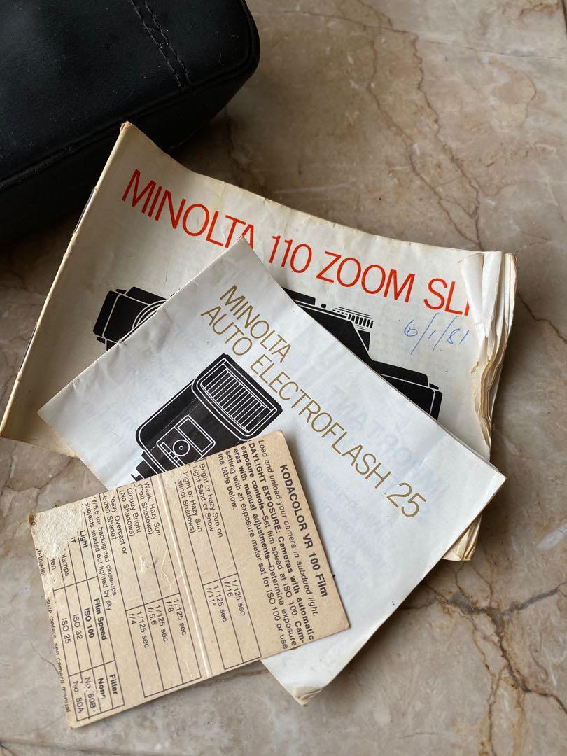 Minolta Camera 110 Zoom SLR with Manual and Flash (Category: Cameras) located in Taguig. Submitted by addeclutter (Listing ID 1069816697, Image 2). Description: Like new. Vintage Minolta Camera. Rare flatbed type. Untested. Will be sent as is. Includes camera bag and bag for flash. "It was a true SLR, with through-the-lens viewing and a 25-50mm f/4.5 zoom lens that was the equivalent of a 50 to 100mm in 35mm terms. The zoom focused as close as 11