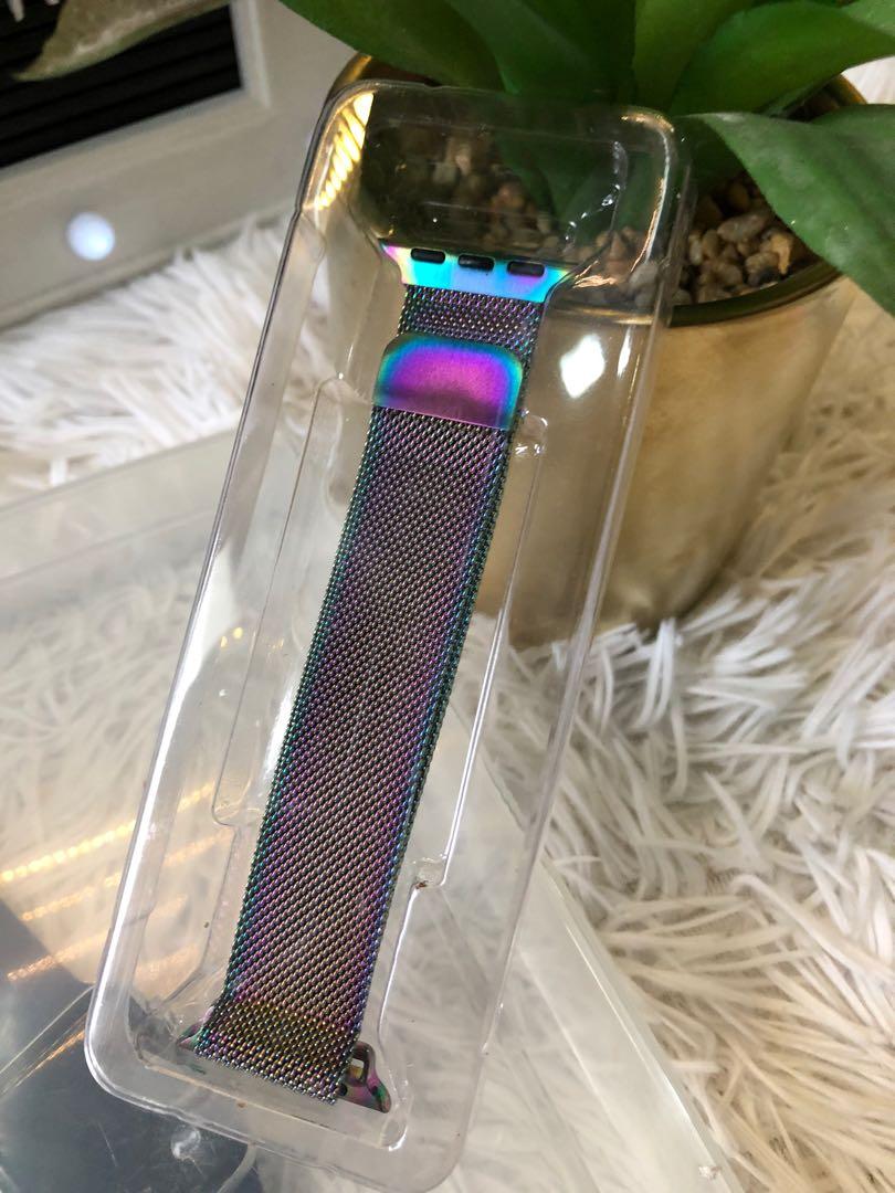 NICE! Milanese loop rainbow for Apple Watch (Category: Women's Watches) located in Marikina City. Submitted by girlbalikbayan (Listing ID 1069880275, Image 2). Description: Feeling playful and happy? Add a Rainbow Milanese Loop Strap to your Apple Watch to show it! As the name suggests, the Milanese design was originally created in Milan in the late 1800s. Milanese bands are made of one uniform mesh-like stainless steel texture and feel sleek on 