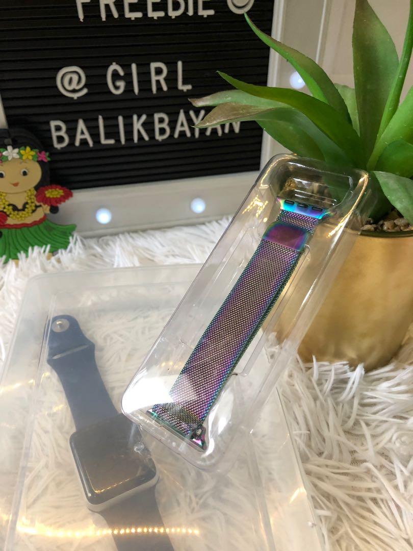 NICE! Milanese loop rainbow for Apple Watch (Category: Women's Watches) located in Marikina City. Submitted by girlbalikbayan (Listing ID 1069880275, Image 1). Description: Feeling playful and happy? Add a Rainbow Milanese Loop Strap to your Apple Watch to show it! As the name suggests, the Milanese design was originally created in Milan in the late 1800s. Milanese bands are made of one uniform mesh-like stainless steel texture and feel sleek on 
