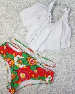 Plus-size ruffled white top red floral bikini
