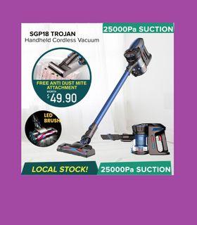 TROJAN 2 SGP18 Pro+ 25,000pa (25KPa) Suction Power 45mins Turbo PRO Cordless Vacuum Cleaner Handheld Handstick Portable Car Vacuum - Compatible with Mop+Water Tank Attachment - FREE DUSTMITE HEAD worth $49.90 - Wireless MiniHelpers