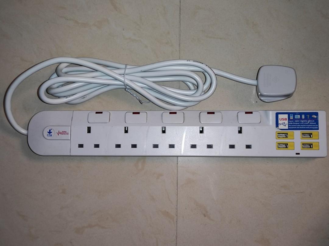豐葉牌FYM S354USB 5位13A加4位USB拖板, 家庭電器, 轉插器及插頭 - Carousell