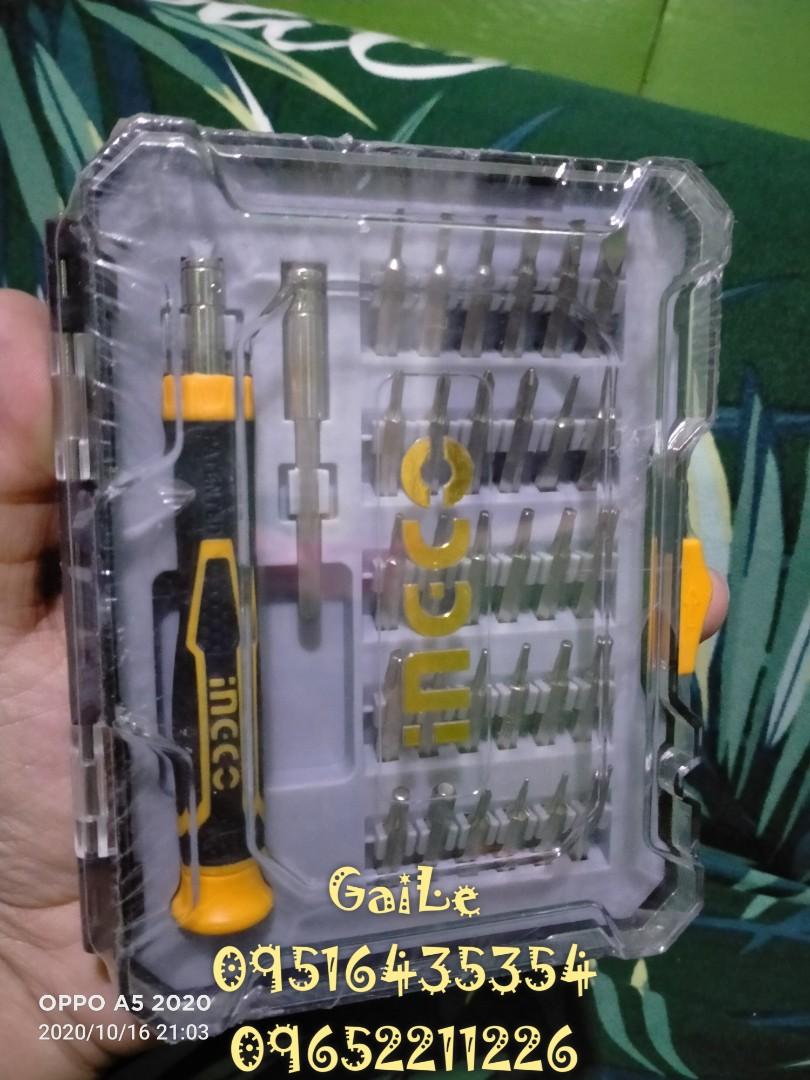 INGCO 32pcs Precision Screwdriver SET HKSDB0348 (Category: Construction Tools & Equipment) located in Caloocan City. Submitted by abieghail (Listing ID 1069938093, Image 2). Description: INGCO 32pcs Precision Screwdriver SET HKSDB0348 Price : P550 INCLUDES: 1Pc INGCO Style handle 1Pc 4X60mm bits holder 32PCS 4X28mm bits： SL1.5,SL2,SL2.5,SL3,SL3.5,SL4,PH000,PH00,PH0,PH1,T4,T5,T6,T7,T8,T9,T10,T15,T20,H0.9,H1.3,H1.5,H2,H2.5,H3,H4,Y2,U2.6,Five Star0.