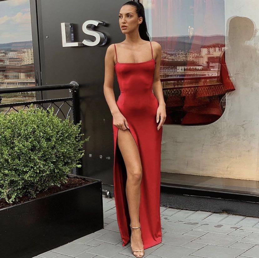 Long Red Dress with High Fashion, Fashion, Dresses on Carousell