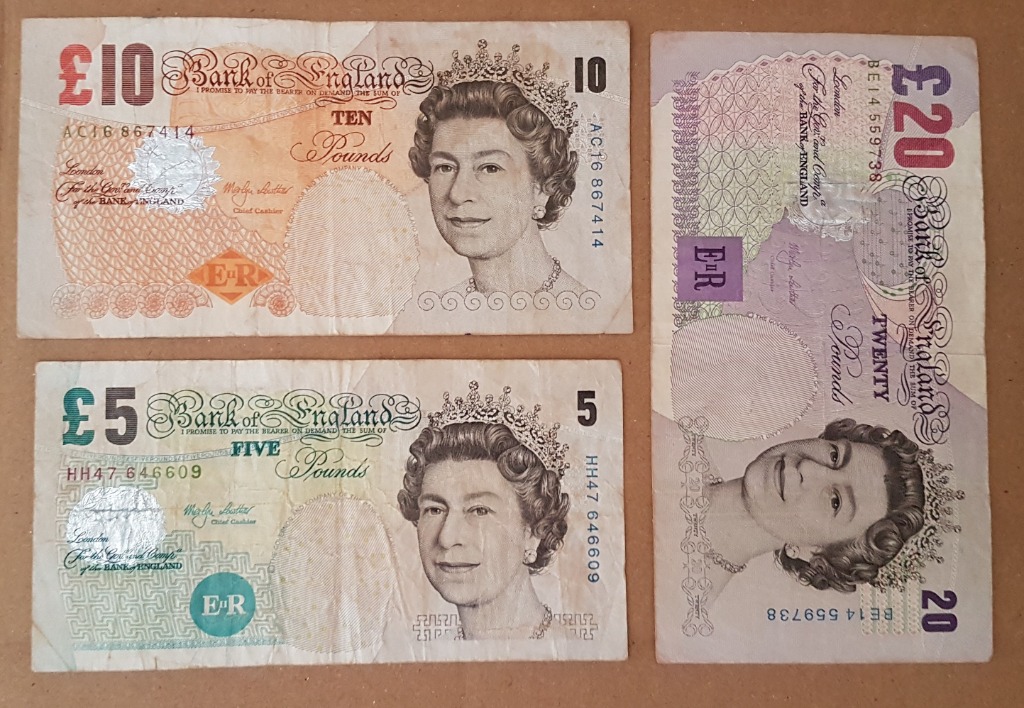 Set of 3 Old British Bank Notes, £20, £10 and £5, Bank of England