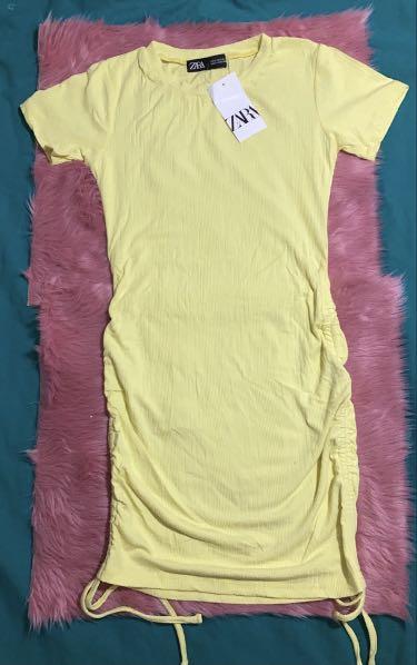 zara yellow ruched dress