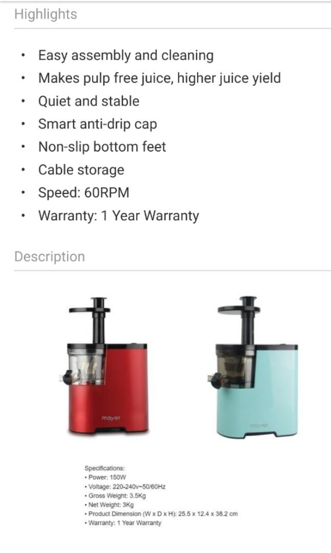 BNIB Mayer Slow Juicer, TV & Home Appliances, Kitchen Appliances