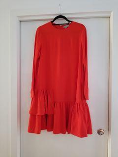 COS red long sleeve frill dress size 36