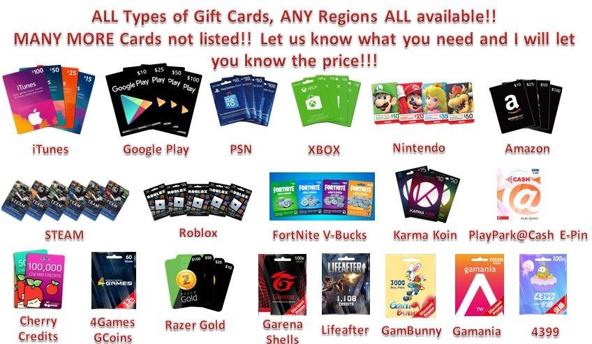Gift Card iTunes / Google Play / PSN / XBOX / Nintendo / APEX Legends /   / STEAM / Roblox / FortNite V-Bucks / WoW / Karma Koin /  PlayPark@Cash