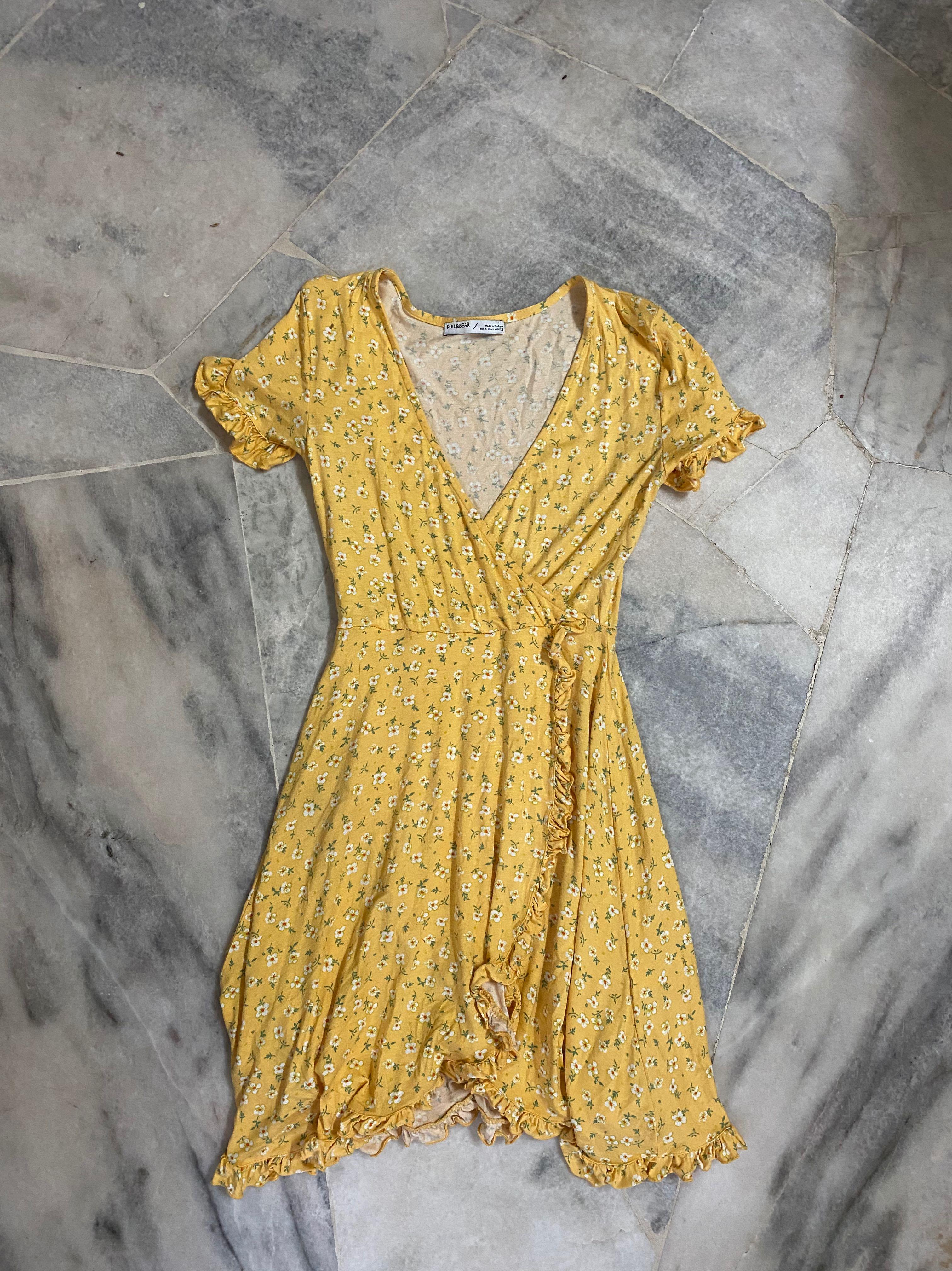 Pull ☀ Bear Yellow Floral Wrap Dress ...