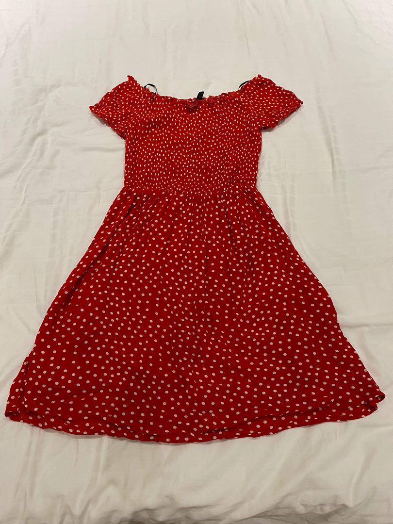 red polka dot off shoulder dress