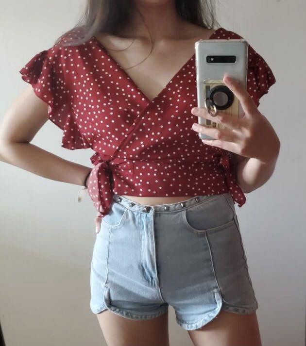 red polka dot top