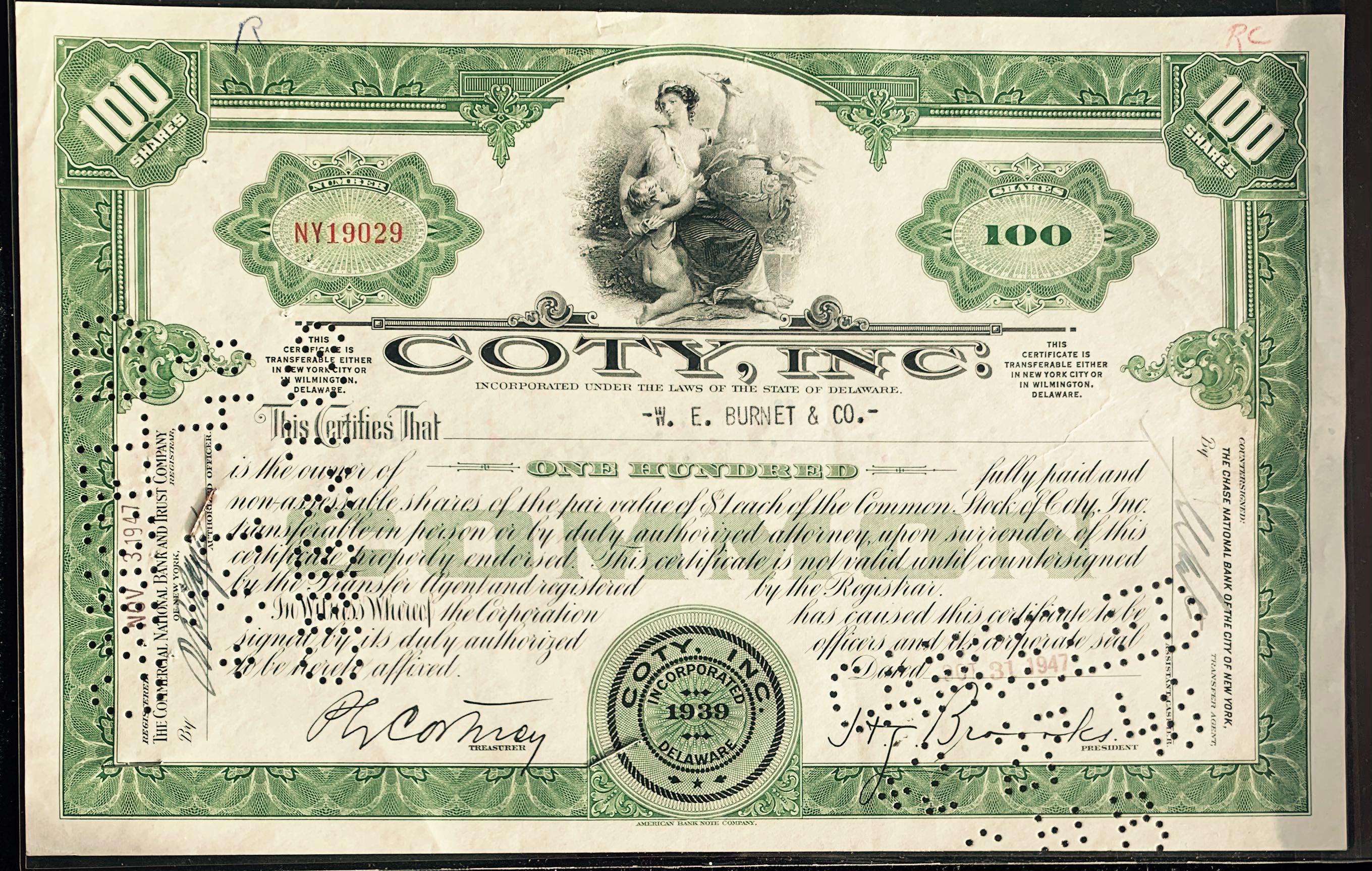 Stock certificate Coty International Corporation Less than 100 shares 