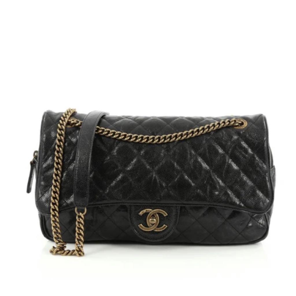 Chanel Black Quilted Glazed Caviar Leather Large Shiva Flap Bag