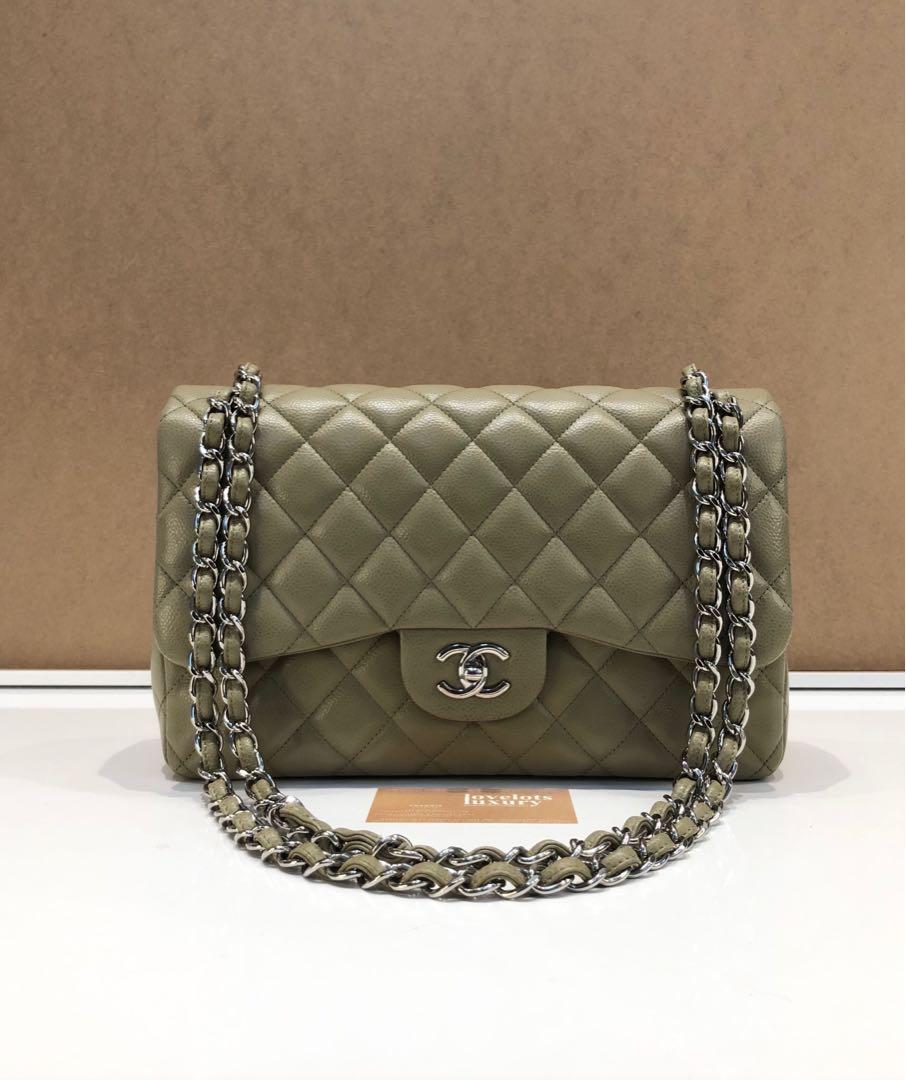 Chanel Khaki Caviar Quilted Jumbo Classic Double Flap Bag