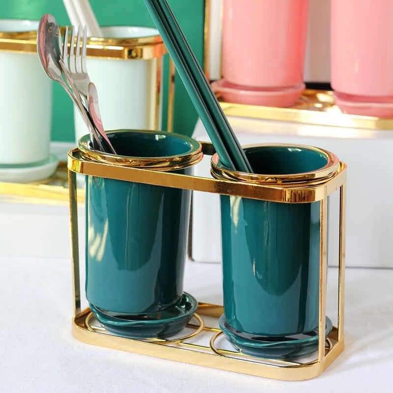Emerald Green Kitchen Ceramic Storage Utensils Chopsticks Fork Spoon Holder Shiny Gold Stand