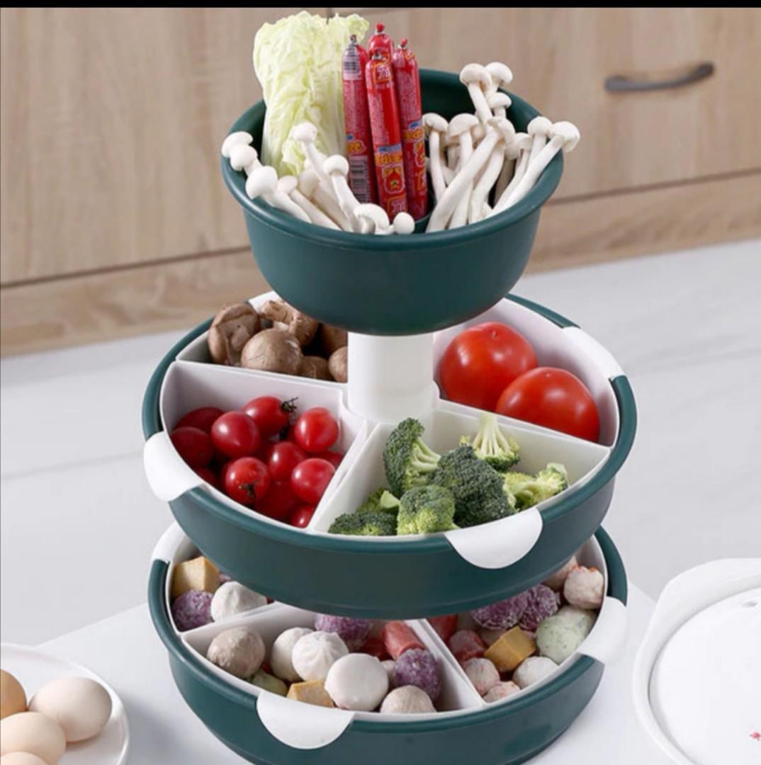 INSTOCK basic 3 tier green hot pot steamboat rotating platter serving plate multi layer steamboat food storage tray food tower
