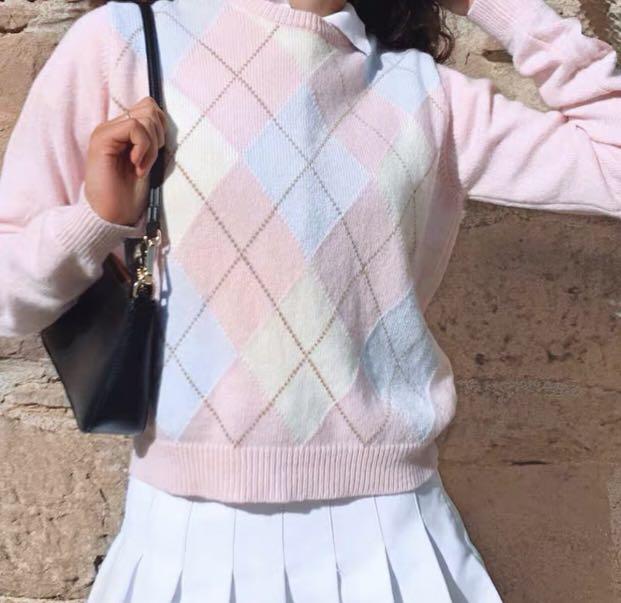 PO | Pink Argyle Sweater Long Sleeve Pastel Colour Diamond Pattern Blue  Beige Y2k Soft Girl Aesthetic Trendy Korean Uzzlang Vintage Long Sleeve  Knitted Light Pink Hoodie Pullover, Women's Fashion, Tops, Other