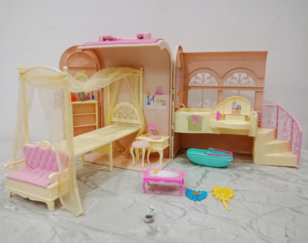 VINTAGE 1998 MATTEL BARBIE BED BATH FOLDING PURSE PINK BOW DOLLHOUSE