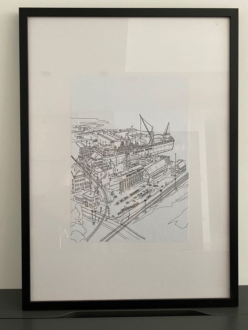 Wood Glass Picture Frame 75cm x 55cm Singapore / Art Drawing in Pen