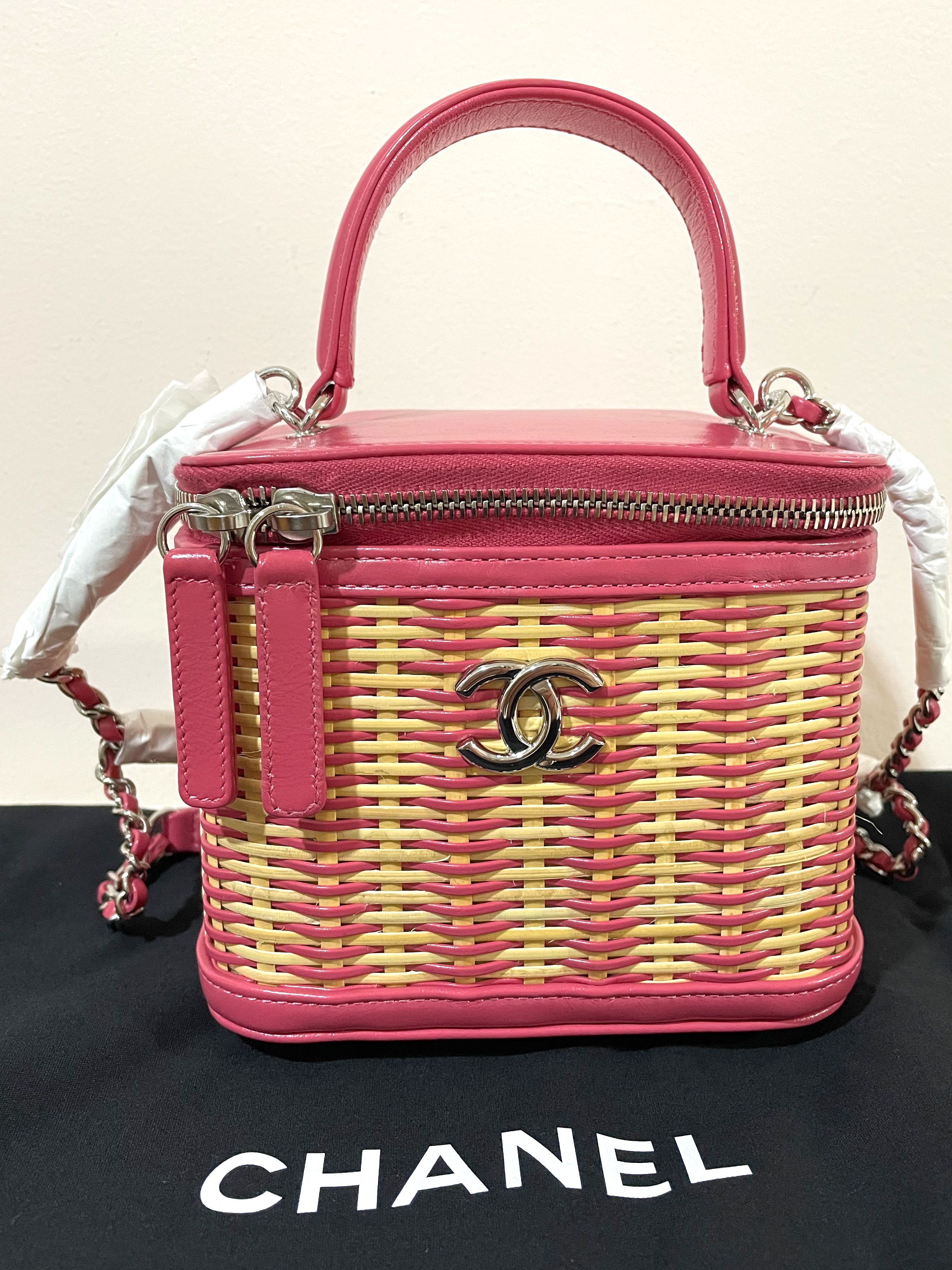 Chanel Pink Small Rattan Vanity Case Silver Hardware, Luxury, Bags &  Wallets on Carousell