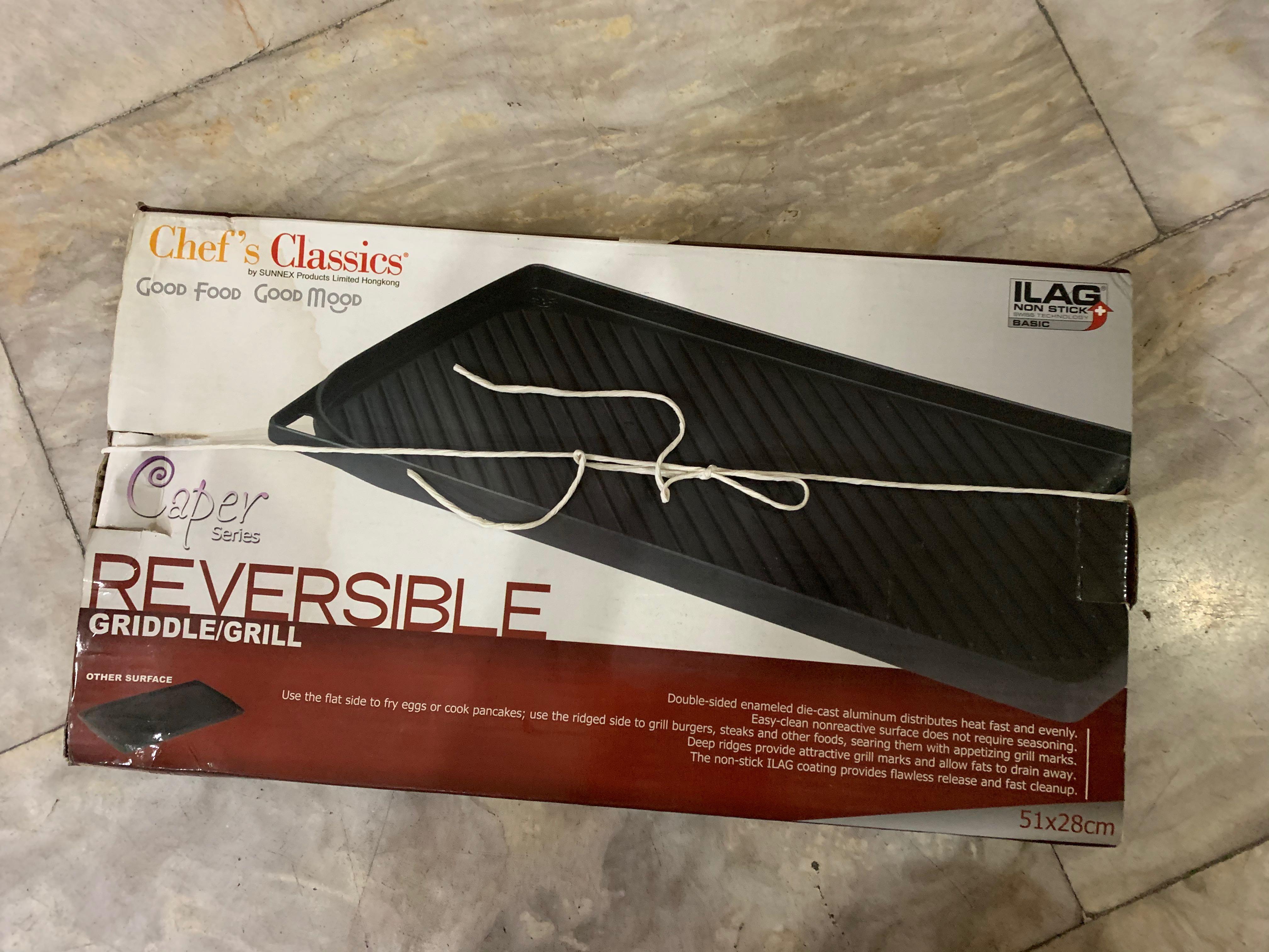 Chef’s Classic Reversible Griddle/Griller (Category: BBQ, Grills & Hotpots) located in Quezon City. Submitted by liz.ty (Listing ID 1066963913, Image 1). Description: Washed but never been used. Box is a bit deform due to storage. Originally 1,499.00.