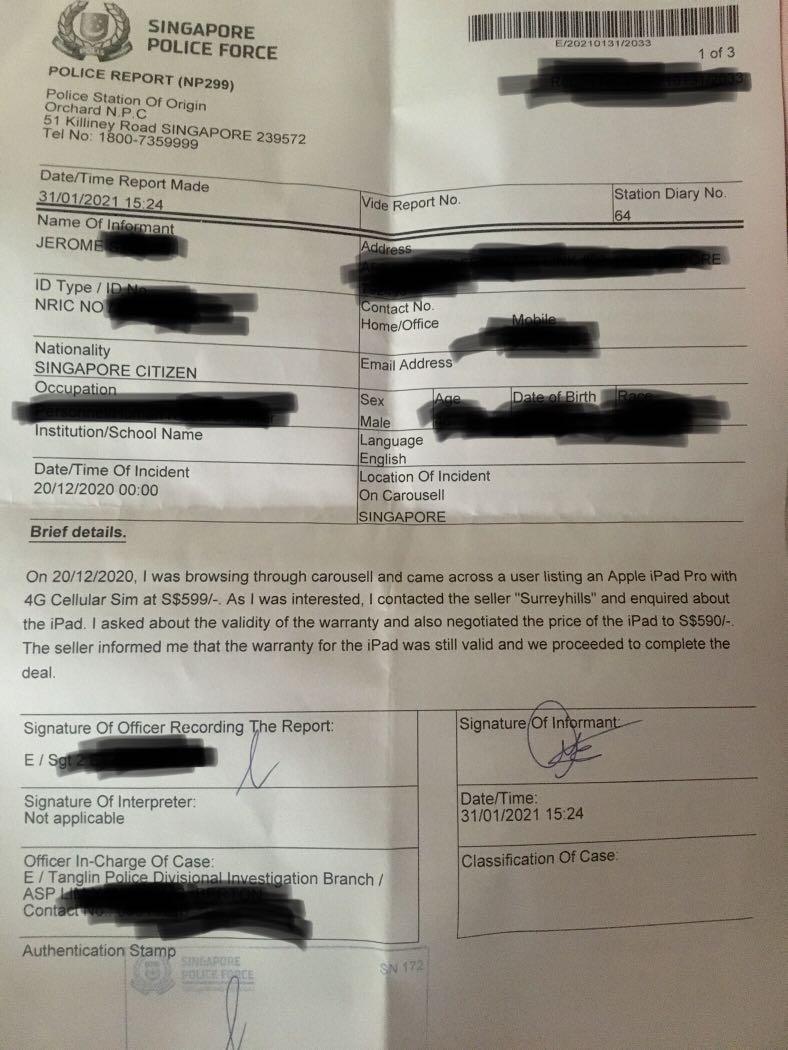 iPad Pro (Category: Laptops & Notebooks) located in Singapore. Submitted by jeromesy (Listing ID 1066940740, Image 3). Description: So, this is an iPad Pro 32GB that I bought on 21st Dec last year on Carousell. First thing I checked was the warranty and the seller (surreyhills then and now changed to avonhills after the transaction and now invalid_account) said have 2 years apple care warranty till oct 2022. Price was $599 and I paid $590. Met th