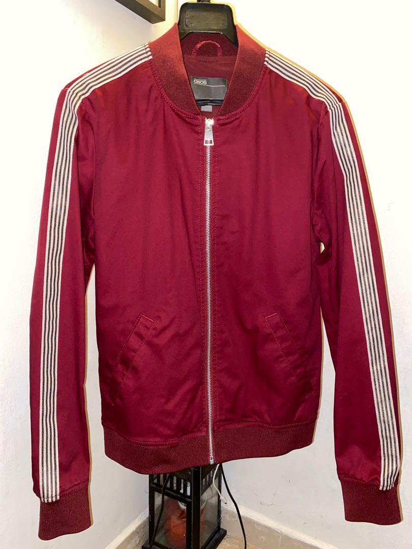 ASOS maroon burgundy wine red bomber jacket w white stripes in XS
