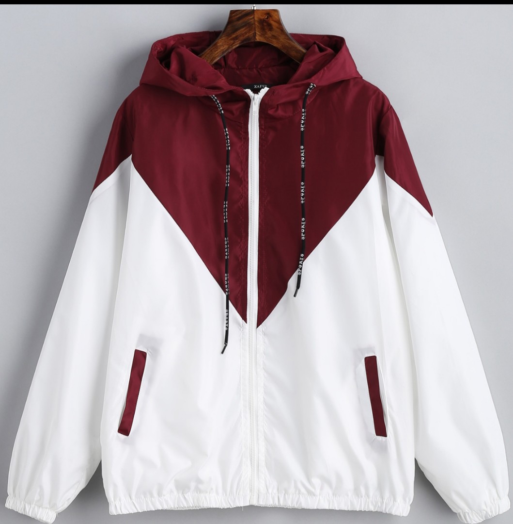 Maroon and White Windbreaker Women s Fashion Coats Jackets and Outerwear on Carousell