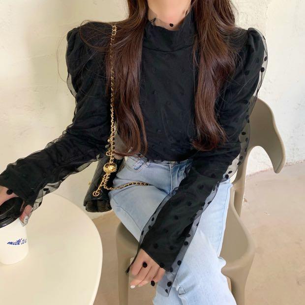 Mesh blouse puff sleeve sales