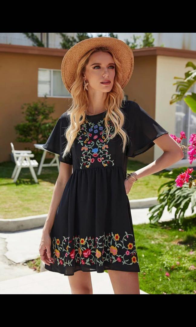 SHEIN Floral Embroidered Zip Back Smock Dress Women s Fashion Tops Sleeveless on Carousell