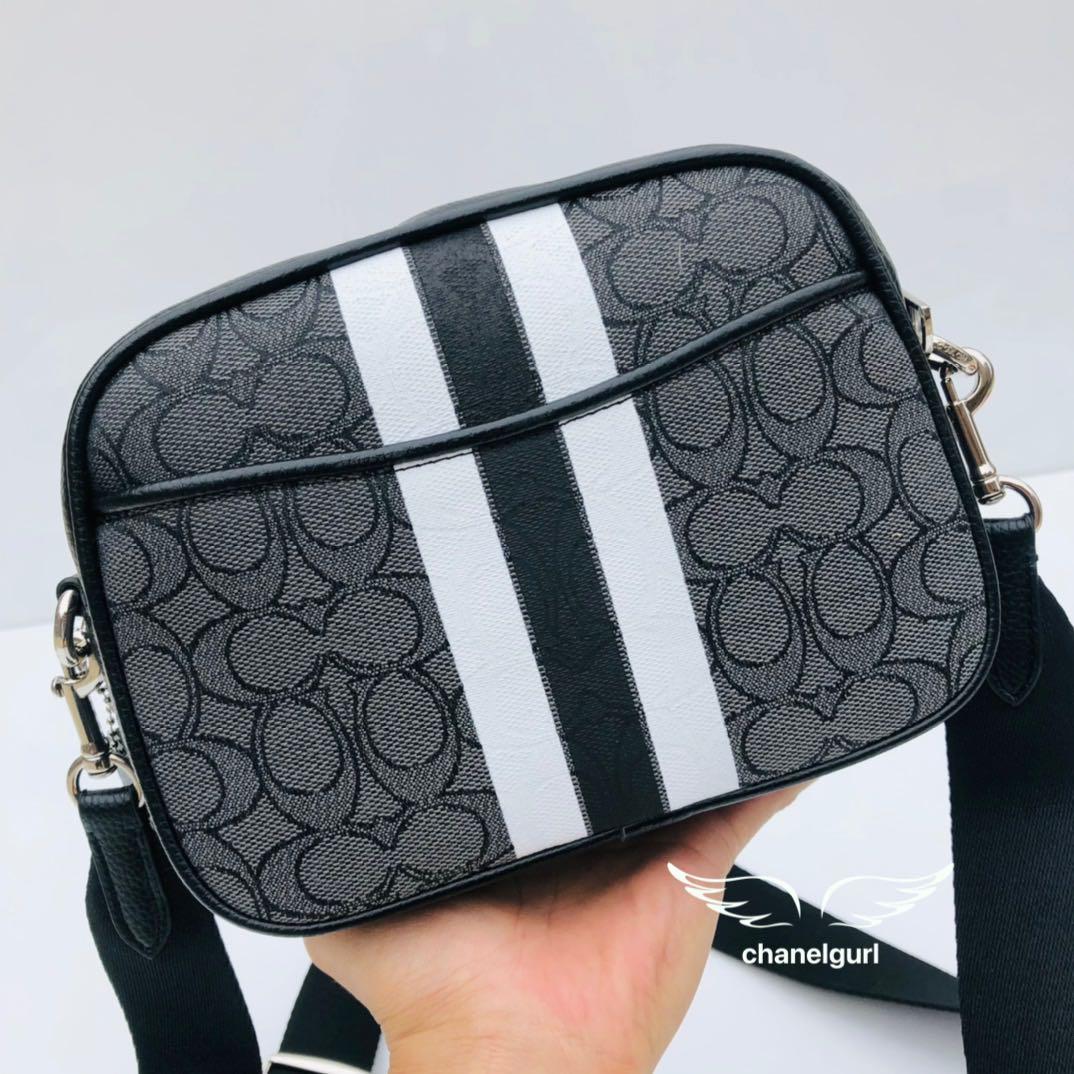 Coach Dempsey Camera Bag in Signature Jacquard with stripe and coach patch 1912 black smoke multi