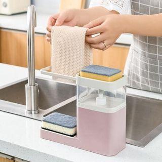 Dishwashing Soap Dispenser with Sponge Drainer and Towel Dryer Rack