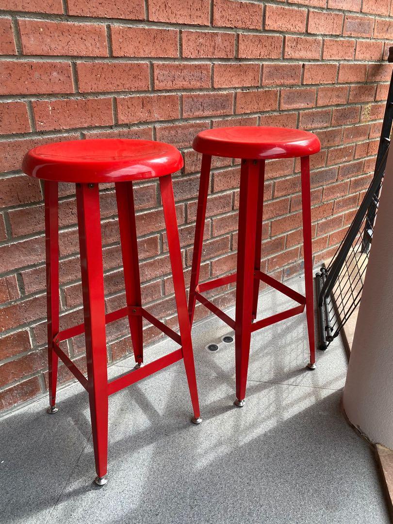 Pair Of Red Metal Bar Stools