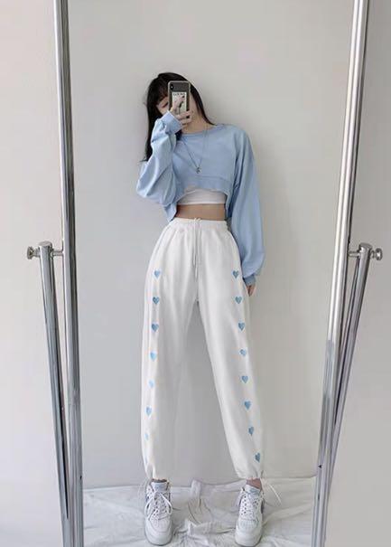 PO 3 COLOURS Heart Cutout Sweatpants Long Pants Stretchy Blue White Black Grey Y2k Aesthetic Soft Girl Modern Trendy Girly High Waist