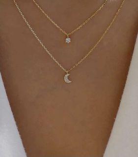 Rhinestone Moon Charm Layered Necklace