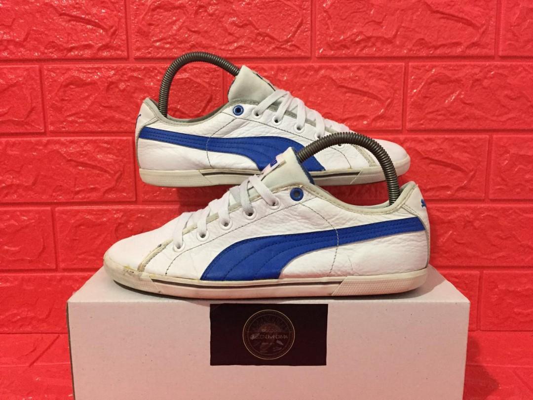 SALE !!! Puma BENECIO Leather White Blue SECOND ORIGINAL, Fesyen Pria,  Sepatu , Sneakers di Carousell