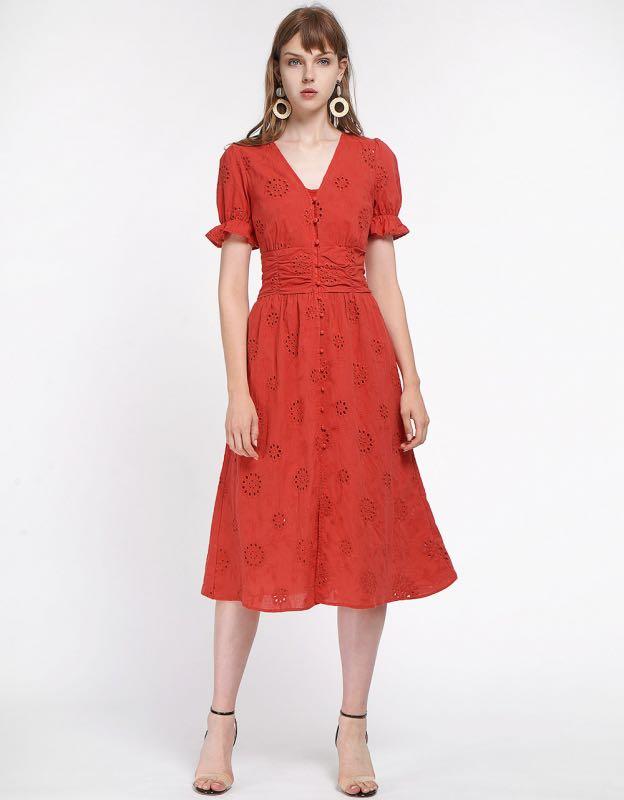 Red embroidered midi dress cheap